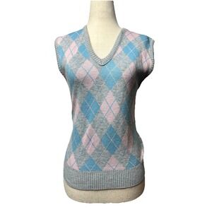 Vintage 70s Lauren Knitwear Pastel Argyle Sweater Vest Small Preppy Academia